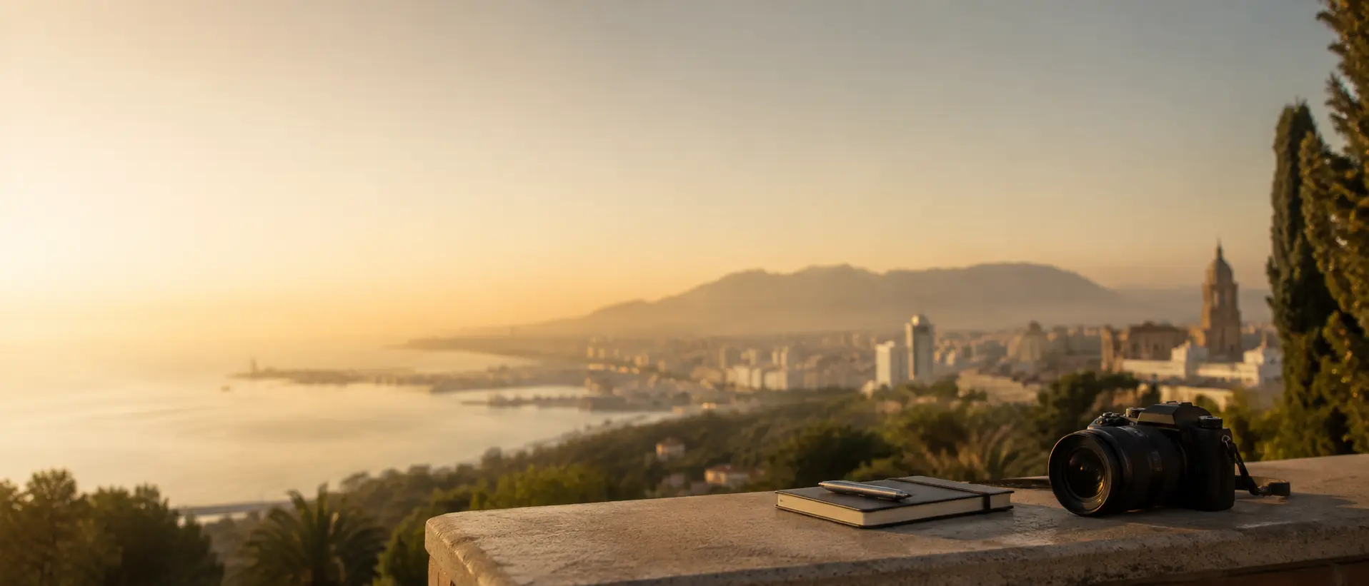Cámara y libreta con vistas de Málaga al atardecer desde un mirador