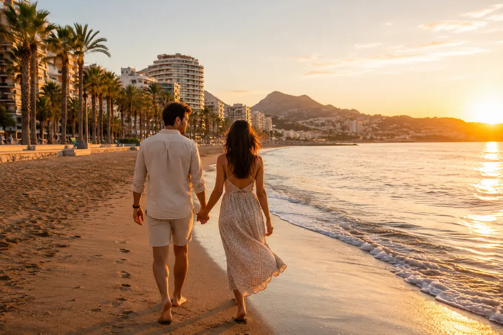 Pareja caminando de la mano junto al mar al atardecer durante una sesión de fotos en Málaga