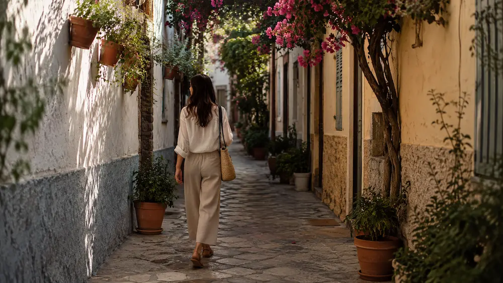 Mujer caminando por un pasaje mediterráneo con buganvillas, macetas y fachadas antiguas
