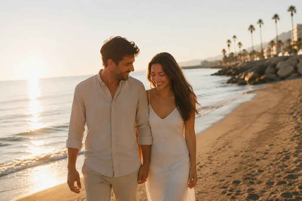 Pareja caminando por la playa al atardecer con ropa clara y cómoda durante una sesión de fotos natural en Málaga
