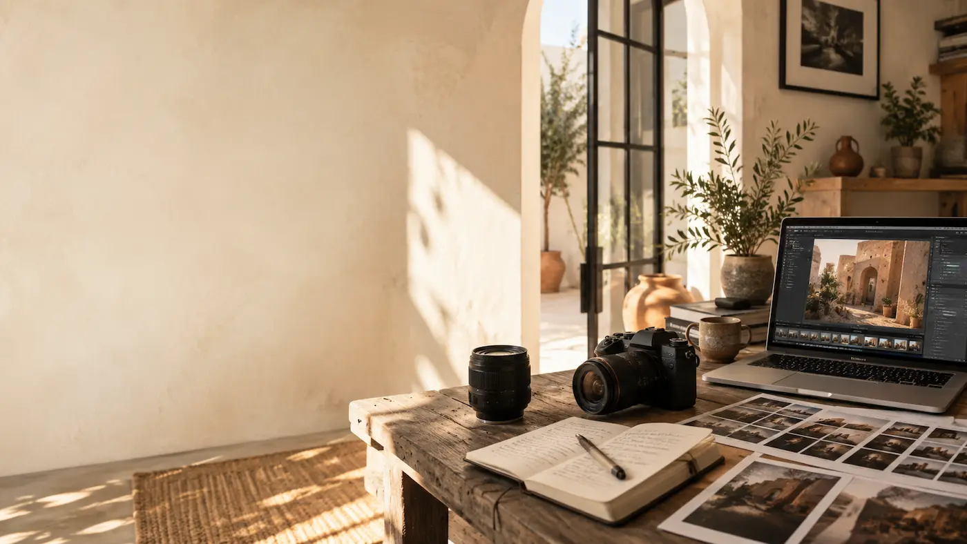 Espacio de trabajo con cámara, objetivos, fotografías impresas y portátil para un blog de fotografía