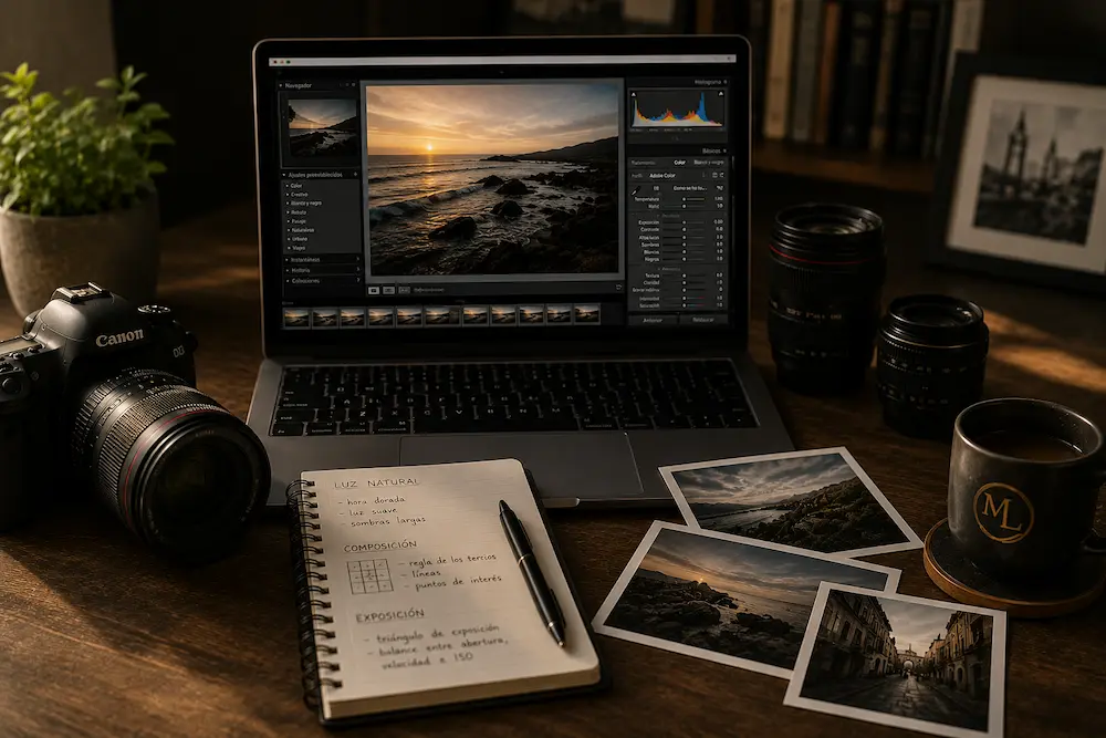 Ordenador con edición de fotografía, cámara, objetivos y libreta durante una formación online individual de fotografía