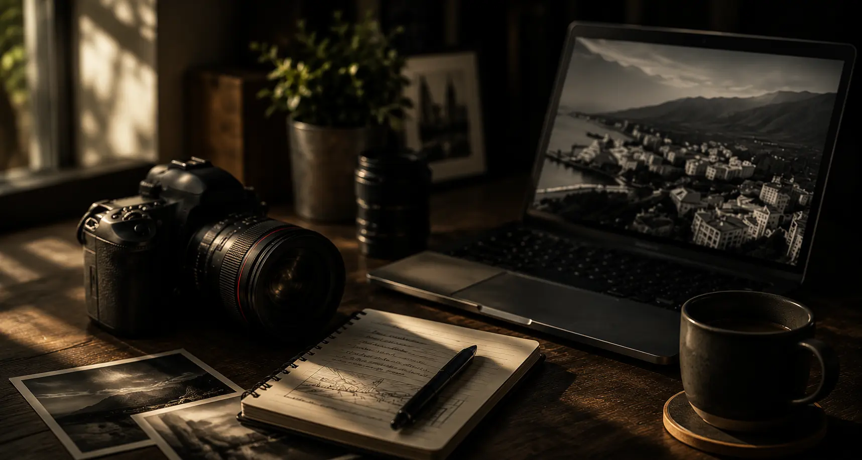 Cámara, portátil, libreta y material para una formación online individual de fotografía