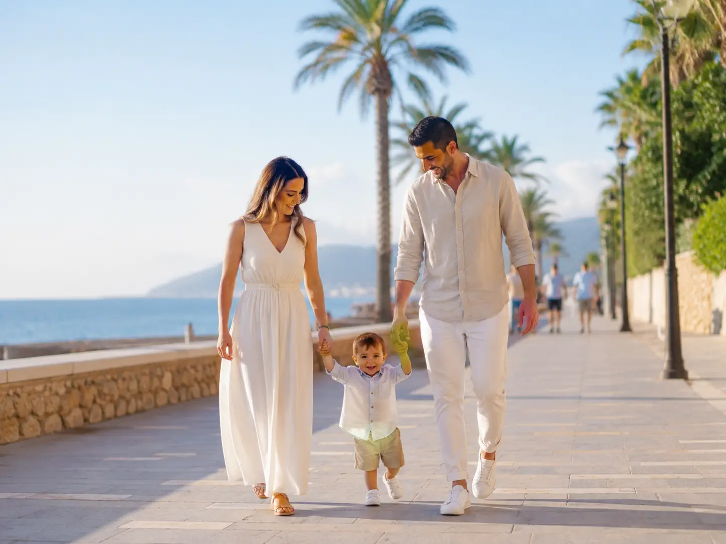 Mejor hora para una sesión de fotos en Málaga por la mañana, con una familia paseando junto a la costa en un ambiente tranquilo