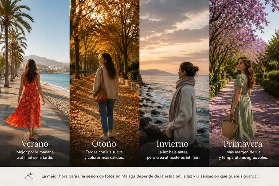 Comparativa de verano, otoño, invierno y primavera para elegir la mejor hora para una sesión de fotos en Málaga