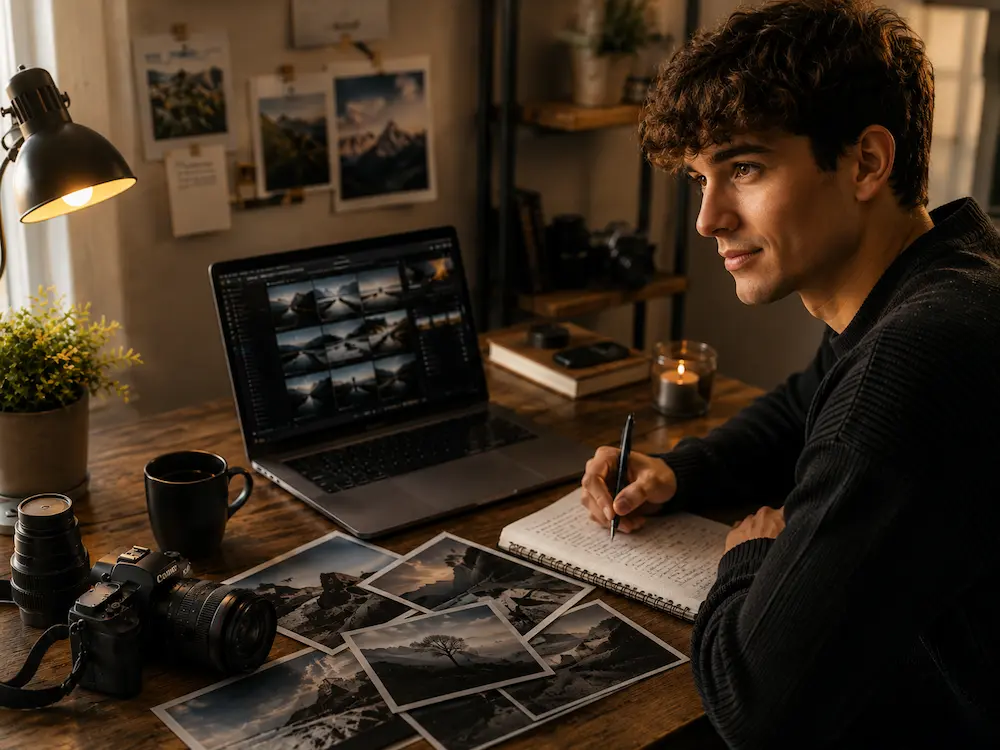 Joven revisando fotografías, tomando apuntes y trabajando con un portátil durante una mentoría fotográfica individual