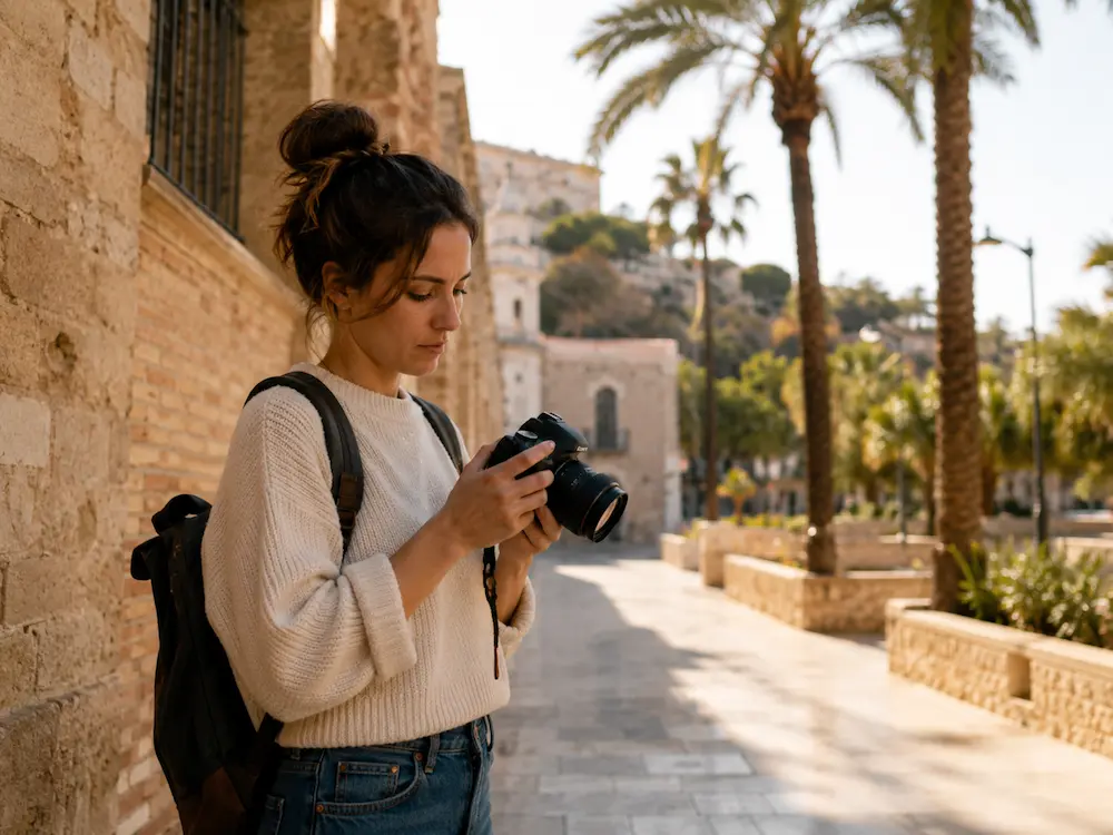 Personas fotografiando un entorno exterior al atardecer durante una práctica de fotografía