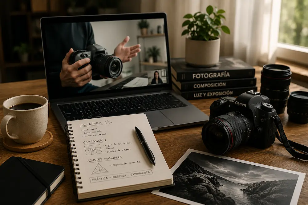 Videollamada individual de fotografía con cámara, libreta y material de aprendizaje desde casa
