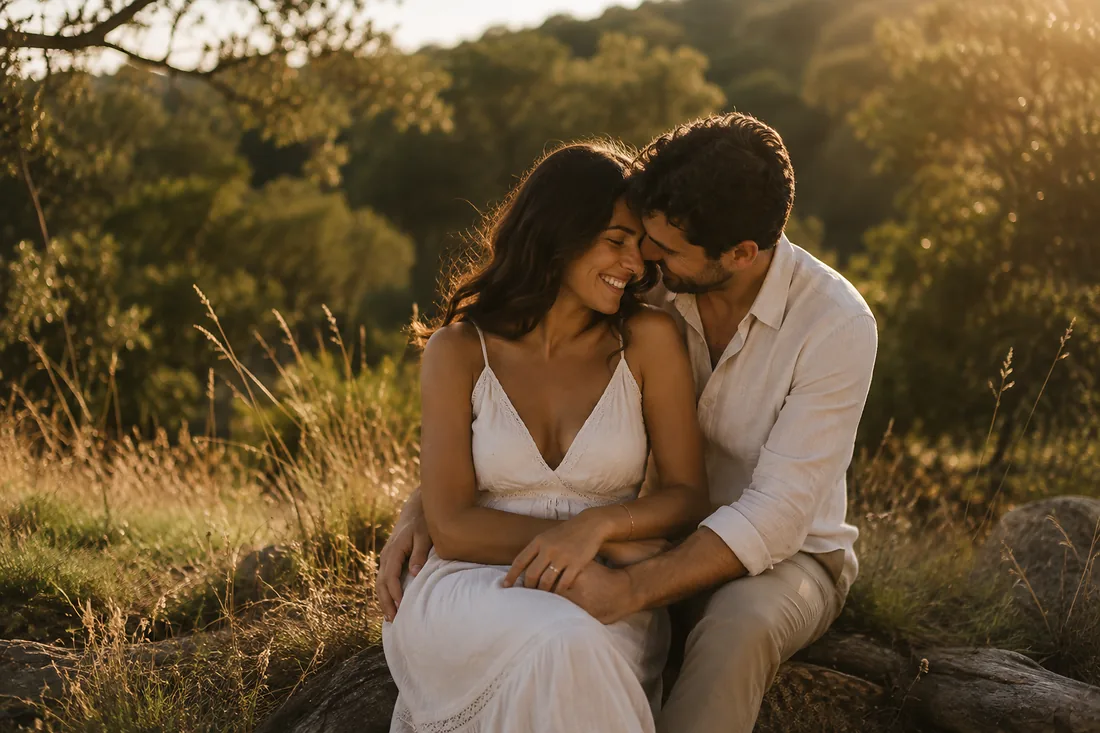 Pareja durante una sesión de preboda al atardecer en Málaga